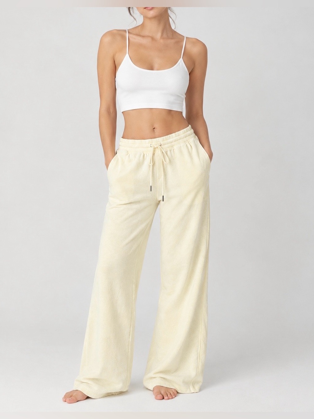 RARE NWOT Aerie Doen Butter Yellow Cotton Terry Wide Leg Pants S Tall High Rise